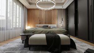 Elegant modern bedroom interior featuring sleek design elements and ambient lighting for a cozy atmosphere.
